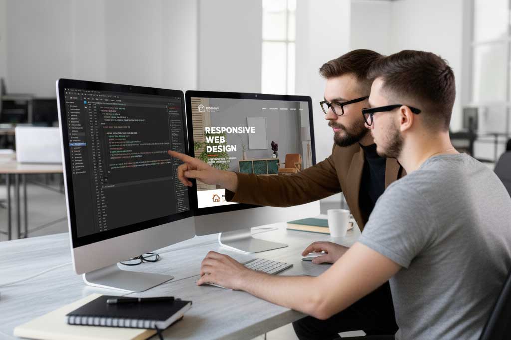 Zwei Männer besprechen eine Website am Schreibtisch mit zwei Bildschirmen, einer zeigt HTML-Code, der andere das fertige Design