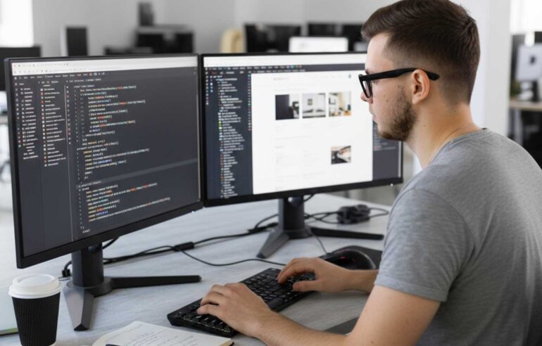 Mann arbeitet am PC mit zwei Monitoren an einer CMS -Webseite
