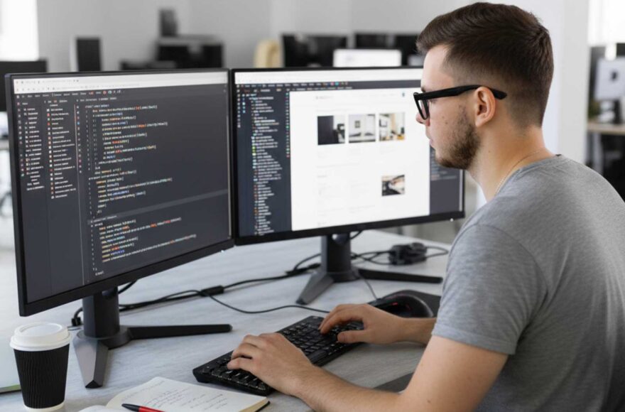 Mann arbeitet am PC mit zwei Monitoren an einer CMS -Webseite