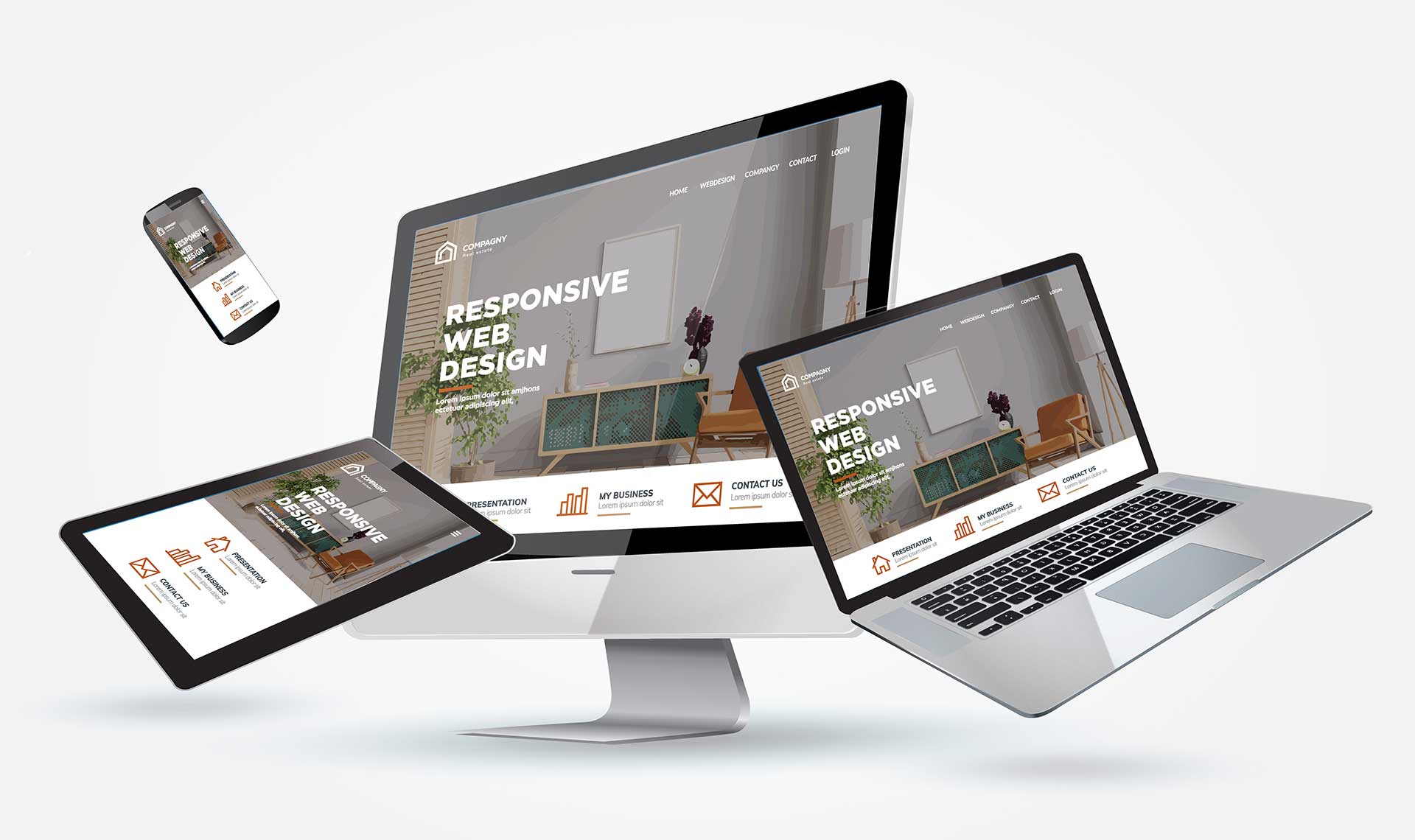 Beispiel für responsives Webdesign auf Desktop, Laptop und Tablet