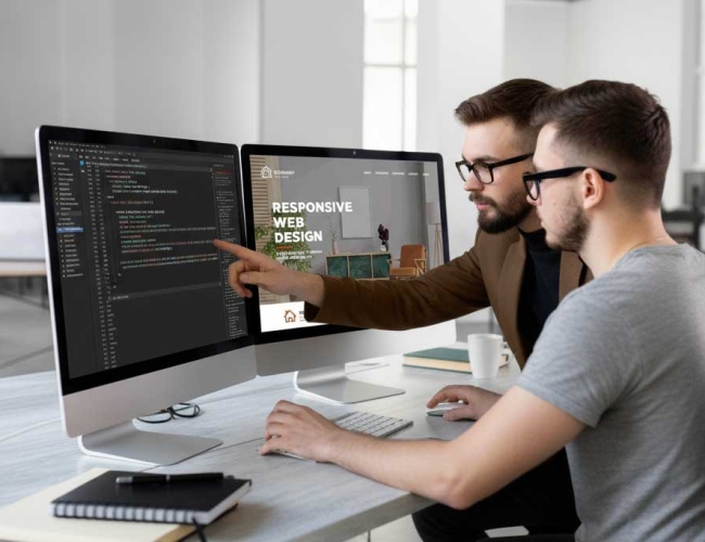 Zwei Männer besprechen eine Website am Schreibtisch mit zwei Bildschirmen, einer zeigt HTML-Code, der andere das fertige Design